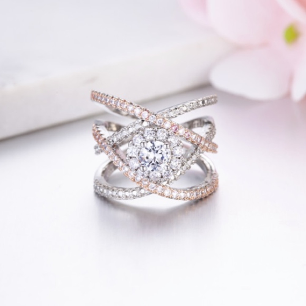 925 STERLING SILVER ROSE GOLD DIAMOND TWISTED RING, CUTE RING, SHINY RING. - Picture 4 of 4